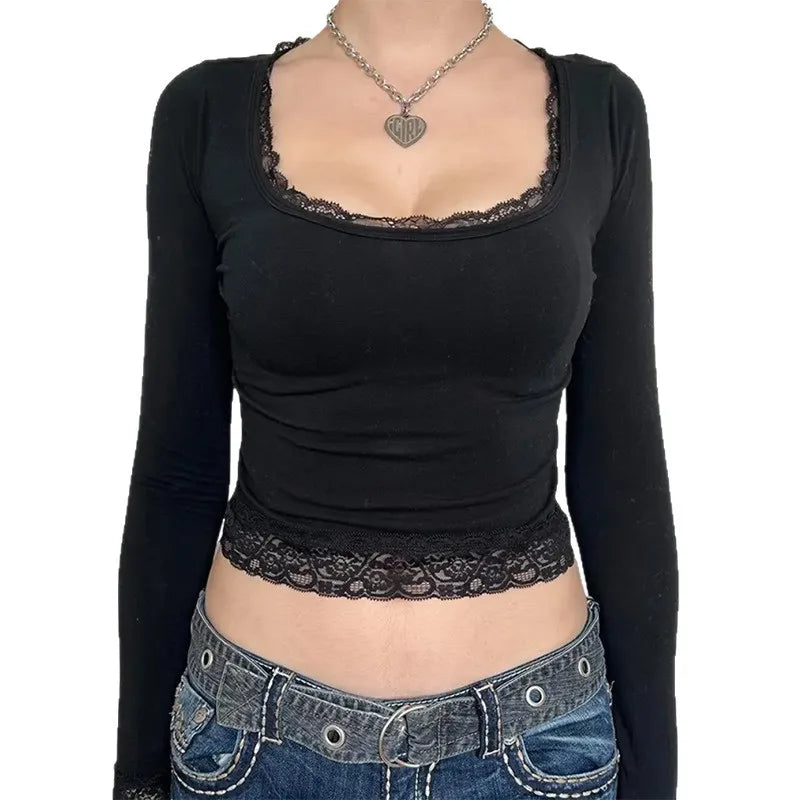 2000s Graphic T Shirt Vintage Fairy Grunge Women Autumn Lace Trim Long Sleeve Slim Fits Tops y2k Clothes Basic Tees
