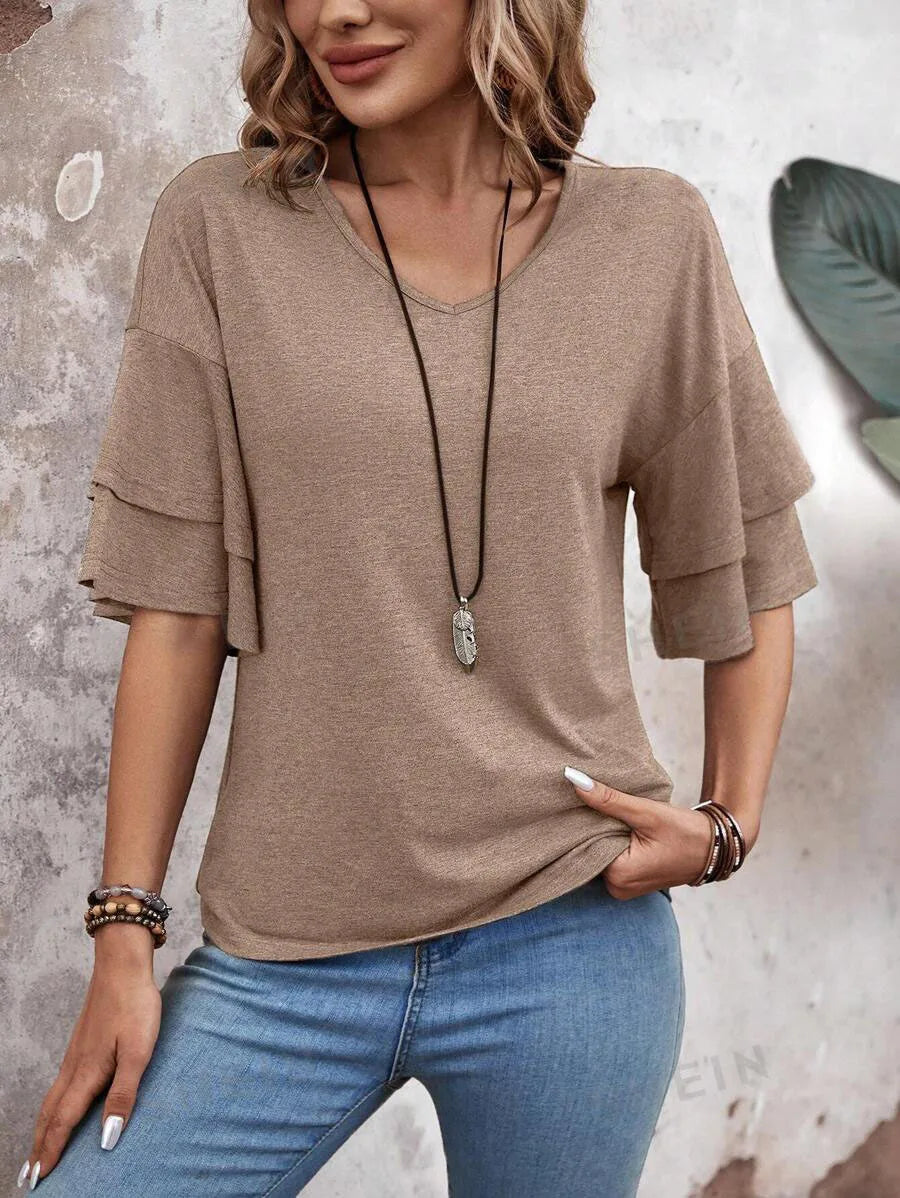 Women's Summer V-Neck Double Layer Ruffle Sleeve Top Unique Casual Solid Design