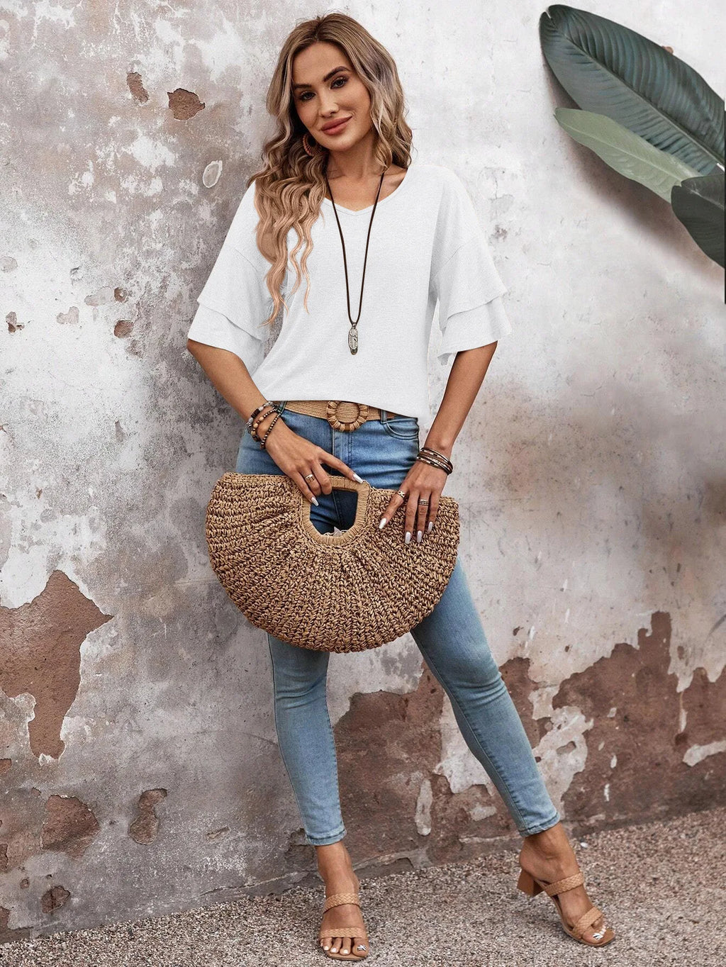 Women's Summer V-Neck Double Layer Ruffle Sleeve Top Unique Casual Solid Design