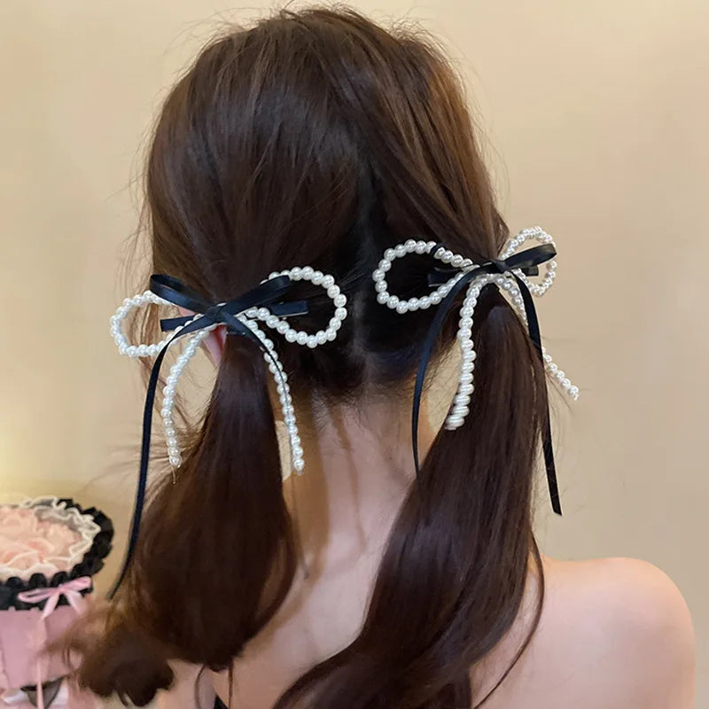 Fairy Spare Ribbon Bowknot Pearl Barrettes Female Back Head New Arrival Girlish Style Side Clip Duckbill Clip