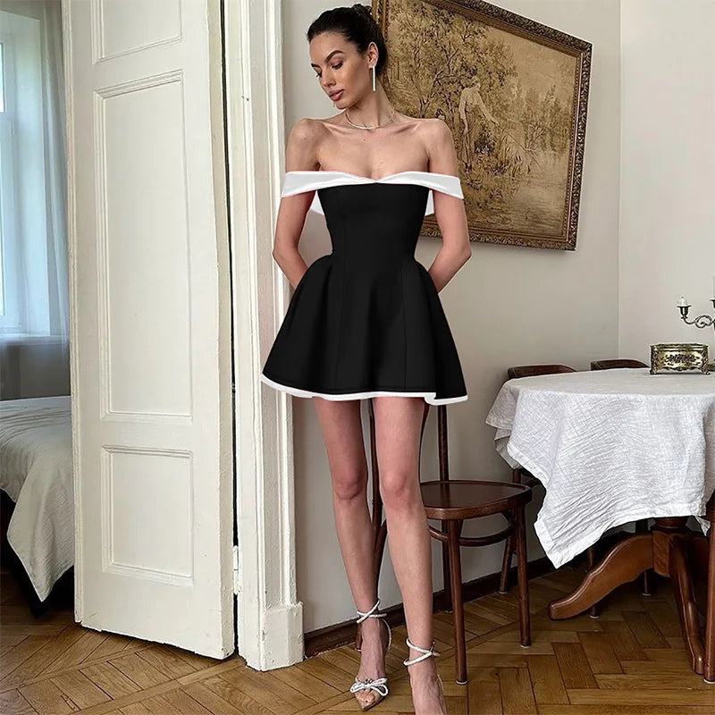 summer Off-shoulder Strapless Sexy Mini Dress Women Fashion Patchwork Sleeveless Backless High Waist A-line Club Party Dress