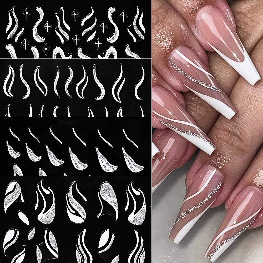 Shiny Glitter French Lines Nails Stickers Waves Curve Ribbon White Gold Stripes Manicure Decals Nails Charming Decoration NK-324