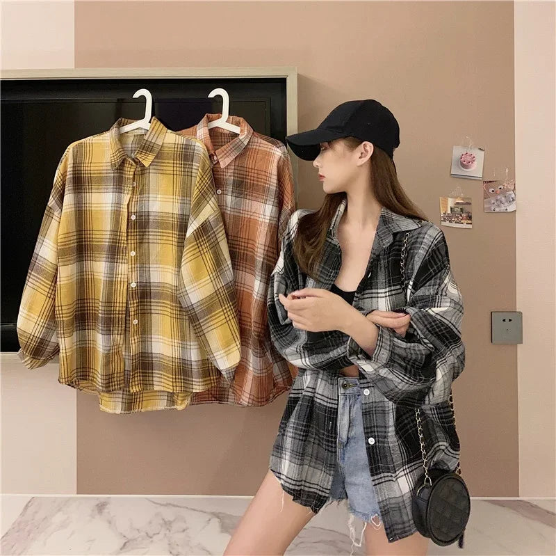 Plaid Shirt Women Long Sleeve Top Female Vintage Fashion Single Breasted Blouse Ladies Preppy Style Loose Check Shirts