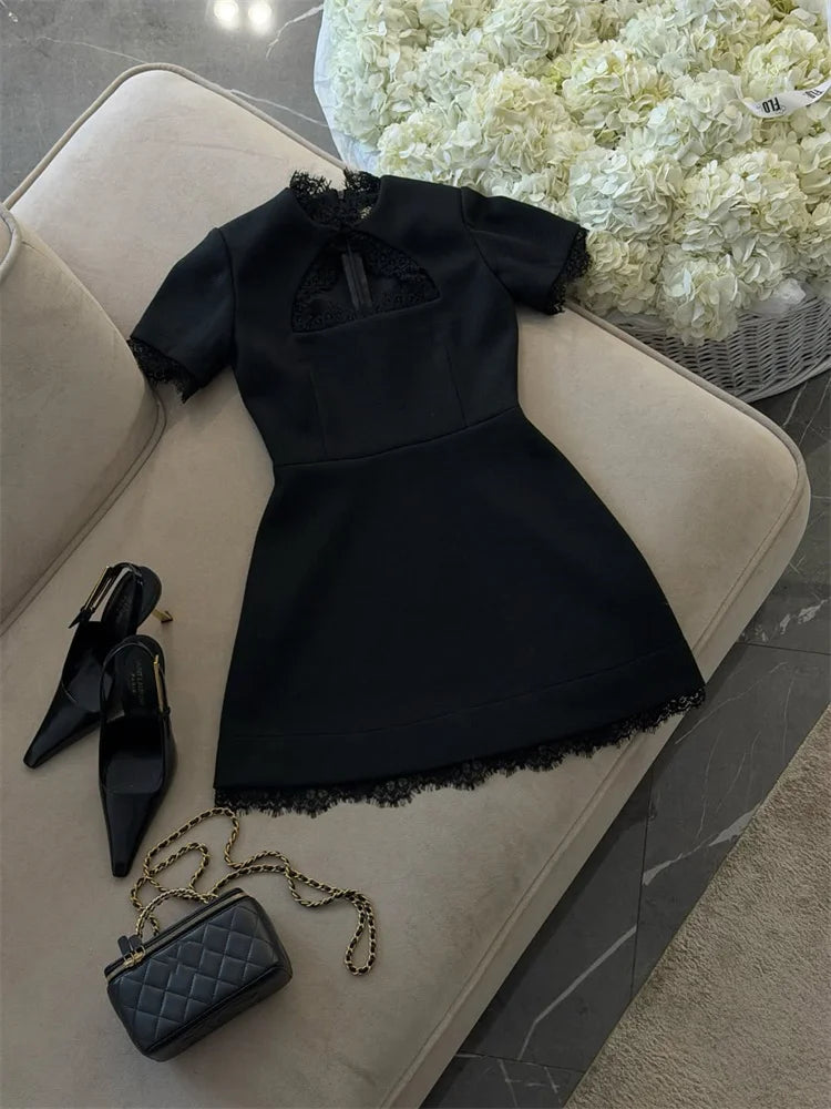 Tossy Black Lace Hollow Out Mini Dress Female Patchwork Short Sleeve Sexy High Waist Party Dress Women's Casual Printed Dress