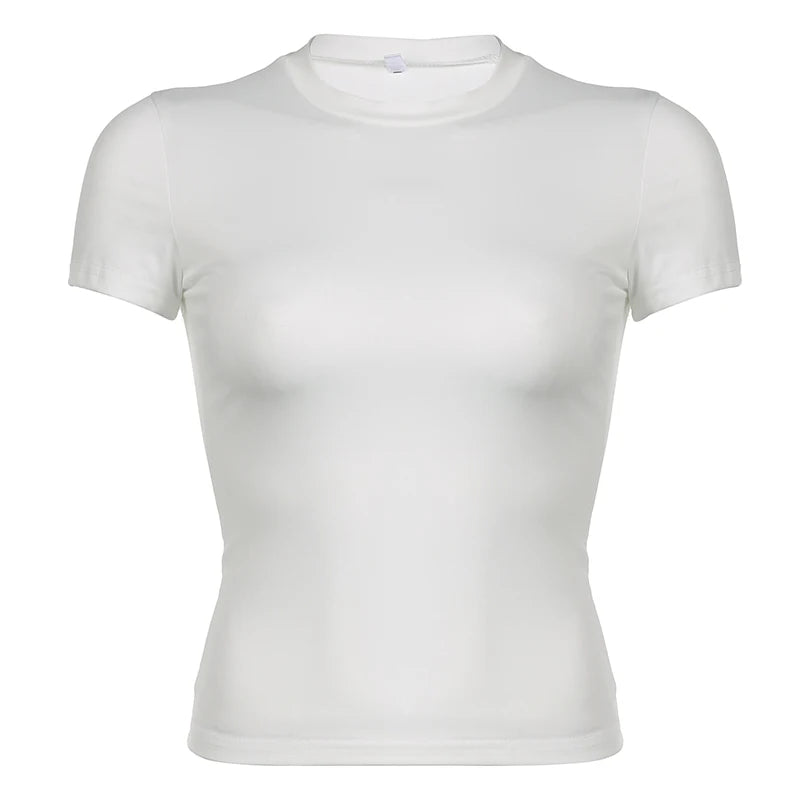 Basic Solid Crop Top Short Sleeve Crewneck Skinny T-shirt Summer Casual Tee for Women Y2K Vintage Top Streetwear