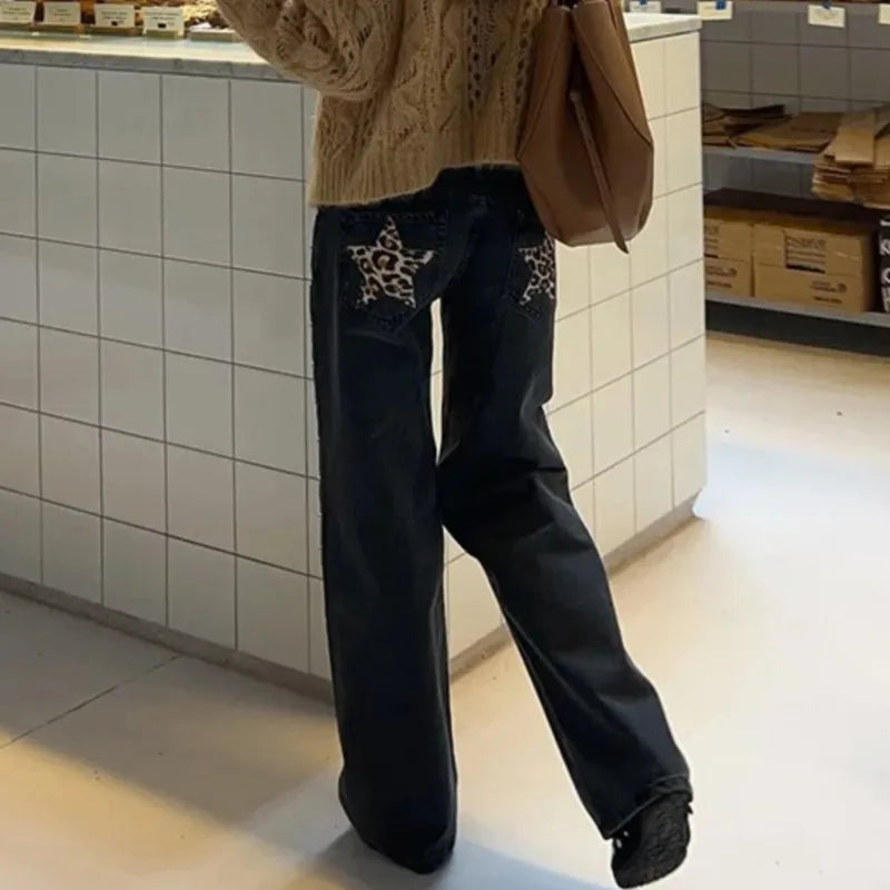 Leopard Star Jeans Y2K Women New Fashion High Waist Zipper Straight Jeans Female Casual Streetwear Harajuku Hip Hop Black Pants