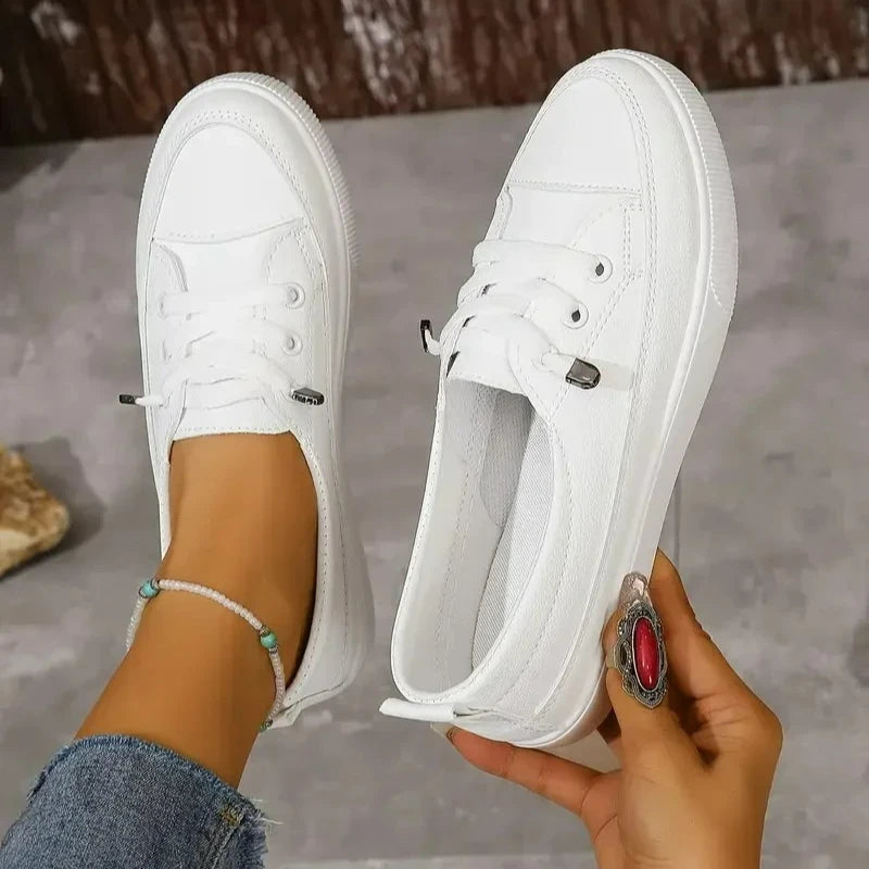 Women Sneakers Pu Leather Casual Shoes Round Toe Shallow Flat Shoes Fashion Outdoor Loafers White Slip On Women Vulcanize Shoes