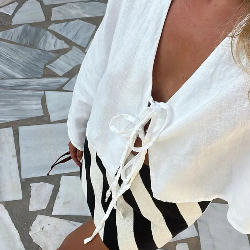 Cotton Linen Lace Up Bow Shirts Women Loose Hollow Out V Neck Long Sleeve Tops Female 2026 Spring New Lady Streetwear Top