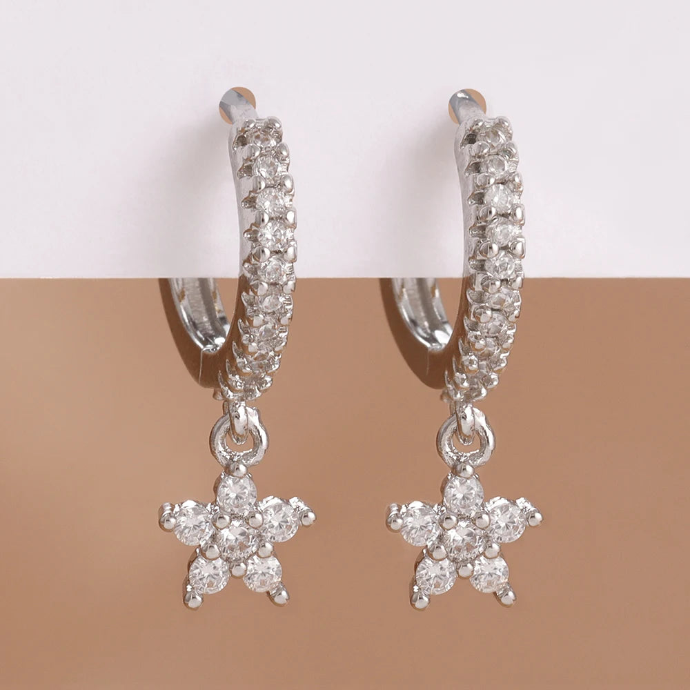 2PCS Delicate Zircon Flower Dangle Earrings For Woman Gold Plated Stainless Steel Premium Daily Cartilage Piercing Jewelry