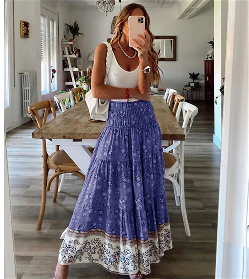Fashion Women Skirts New Casual All-match Skirt Loose Elastic Waist Floral Print Ethenic Style Boho Skirt Bohemian Style Skirt