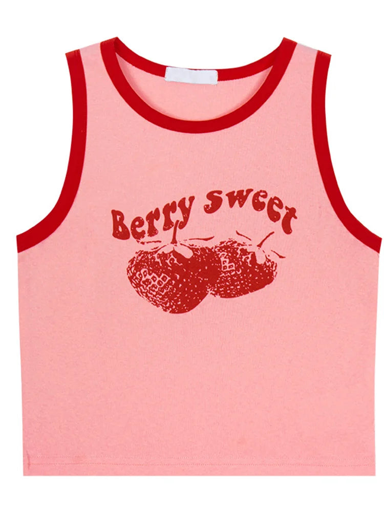 Pink Print Y2k Tank Top Summer Off Shoulder O Neck Sleeveless Fashion 90s Vintage Crop Tops Women Casual Sexy