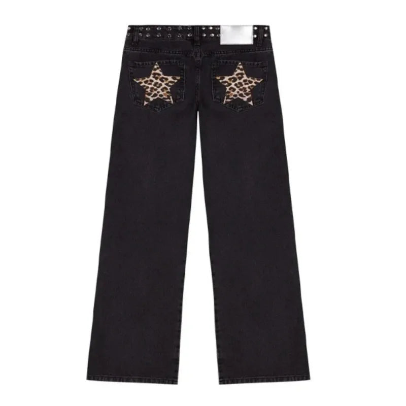 Leopard Star Jeans Y2K Women New Fashion High Waist Zipper Straight Jeans Female Casual Streetwear Harajuku Hip Hop Black Pants