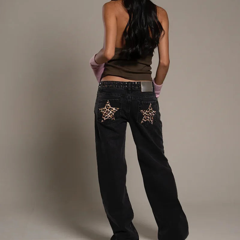 Leopard Star Jeans Y2K Women New Fashion High Waist Zipper Straight Jeans Female Casual Streetwear Harajuku Hip Hop Black Pants