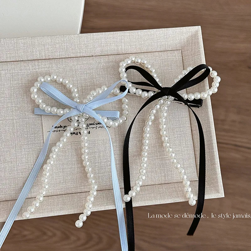 Fairy Spare Ribbon Bowknot Pearl Barrettes Female Back Head New Arrival Girlish Style Side Clip Duckbill Clip