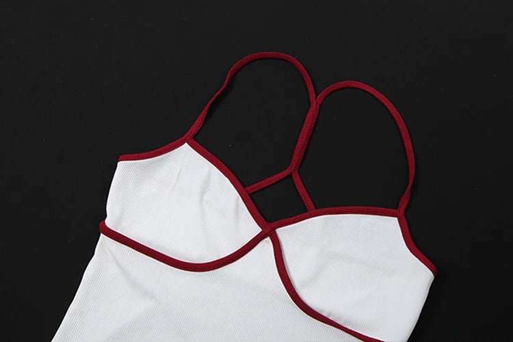Kliou Contrast Color Patchwork 2 Piece Set Woman Low-Neck Backless Crop Tops+Skinny Shorts Daily Home Style Simple Fashion Suits