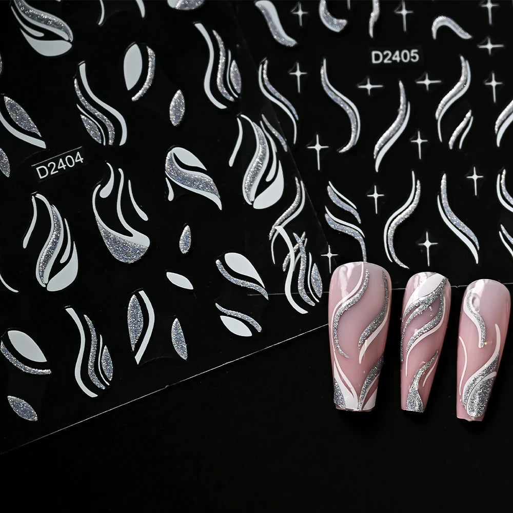 Shiny Glitter French Lines Nails Stickers Waves Curve Ribbon White Gold Stripes Manicure Decals Nails Charming Decoration NK-324