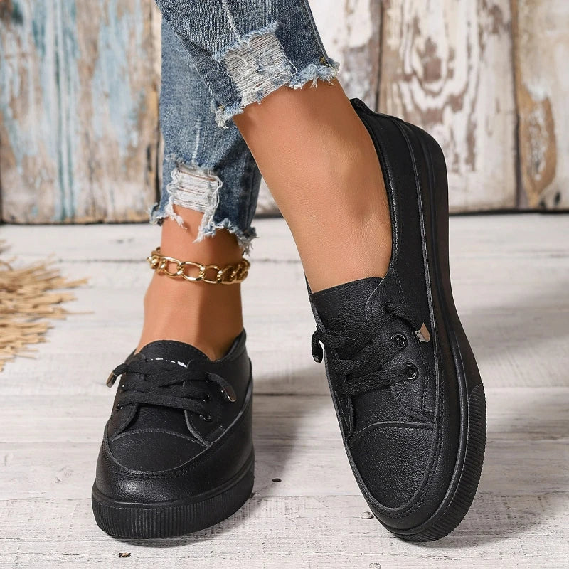 Women Sneakers Pu Leather Casual Shoes Round Toe Shallow Flat Shoes Fashion Outdoor Loafers White Slip On Women Vulcanize Shoes