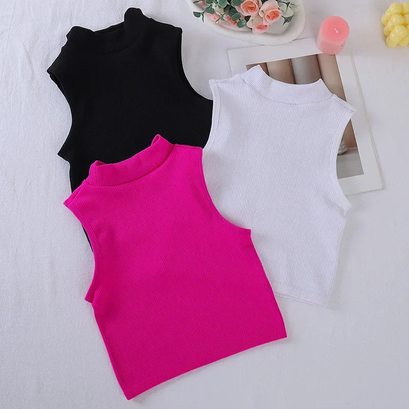 New Seamless Ribbed High Neck Sports Vest Full Wrap Vertical Stripes Running Fitness Yoga Women's Quick Dry Top Female
