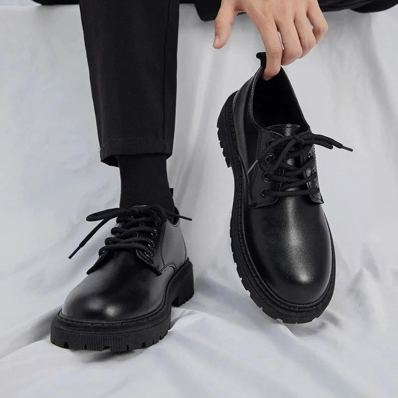 Men's Casual Leather Shoes Thick Bottom Leisure Trendy British Style Winter New Arrival Breathable round Toe Low Heel