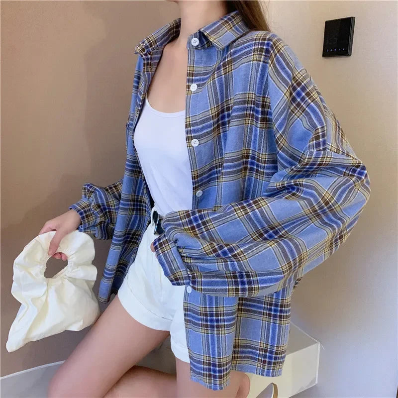 Plaid Shirt Women Long Sleeve Top Female Vintage Fashion Single Breasted Blouse Ladies Preppy Style Loose Check Shirts