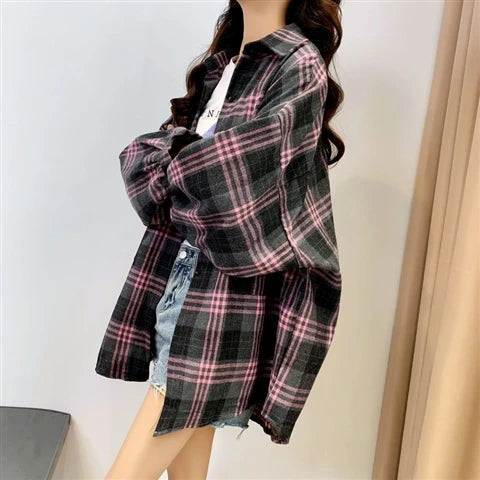 Plaid Shirt Women Long Sleeve Top Female Vintage Fashion Single Breasted Blouse Ladies Preppy Style Loose Check Shirts