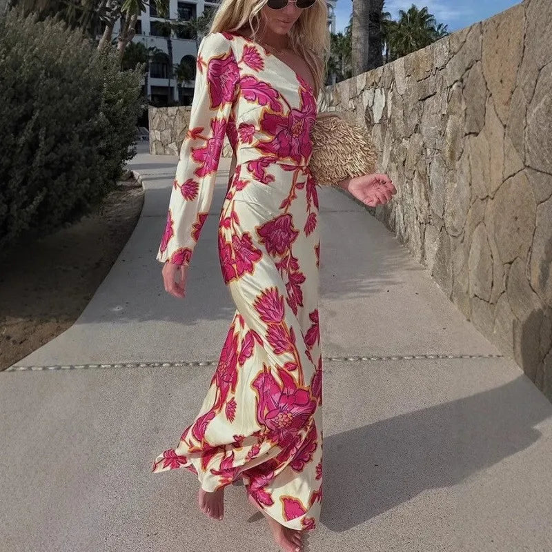 Fashion Rose Printed Satin Dress Womens Elegant High Waist  Boho Maxi Dress Sexy One Shoulder Long Sleeve Women Party Dresses