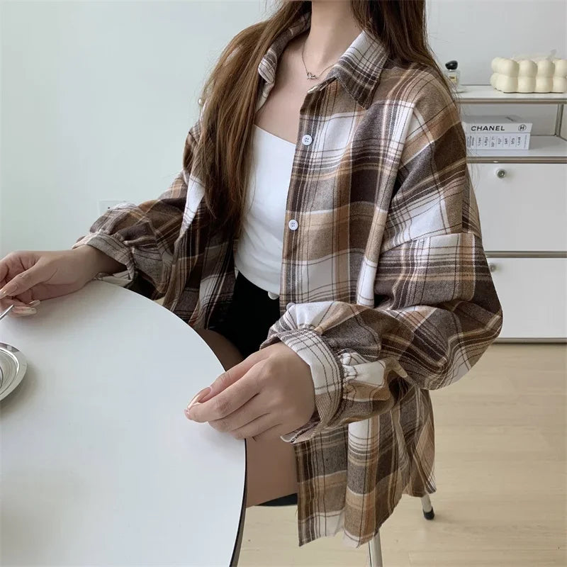 Plaid Shirt Women Long Sleeve Top Female Vintage Fashion Single Breasted Blouse Ladies Preppy Style Loose Check Shirts