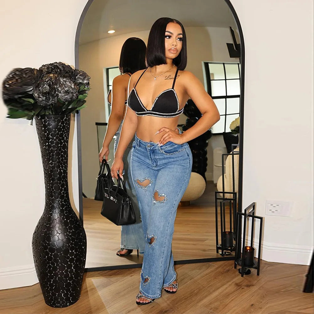 Women Stretch Jeans Ankle Length Jean Washed Denim Straight Pants High Waist Trousers Pockets Basics Hollow Solid Diamonds