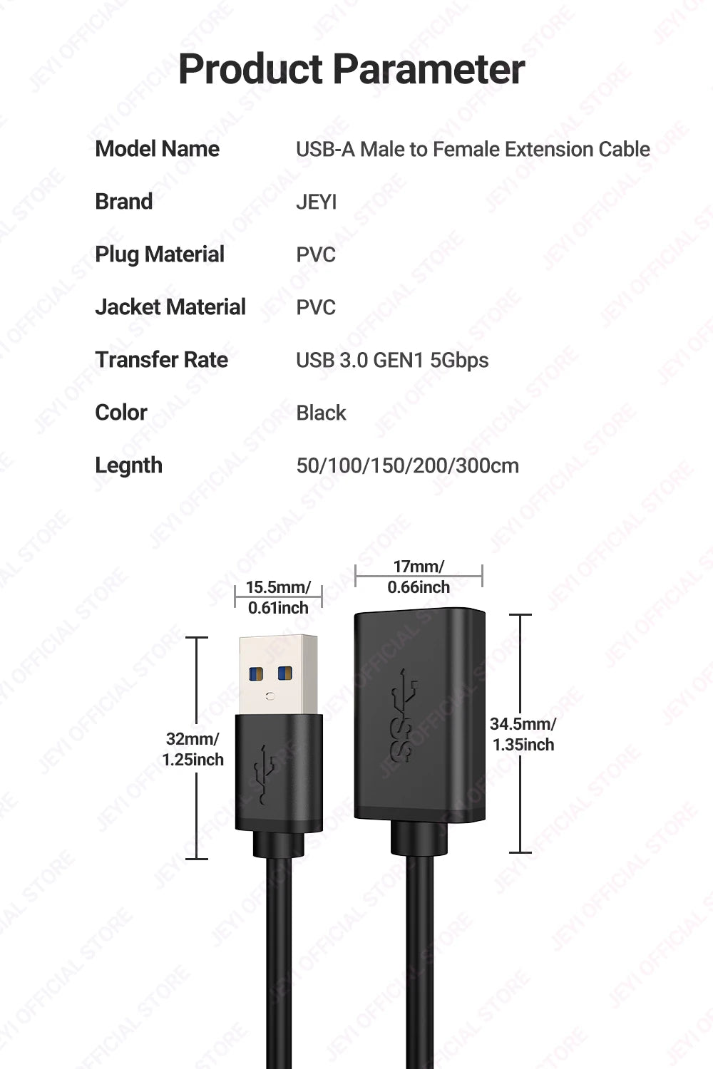 JEYI USB 3.0 GEN1 Extension Cable (Male to Female)-5Gbps High-Speed Data Transfer for Keyboard/Mouse/Flash Drive
