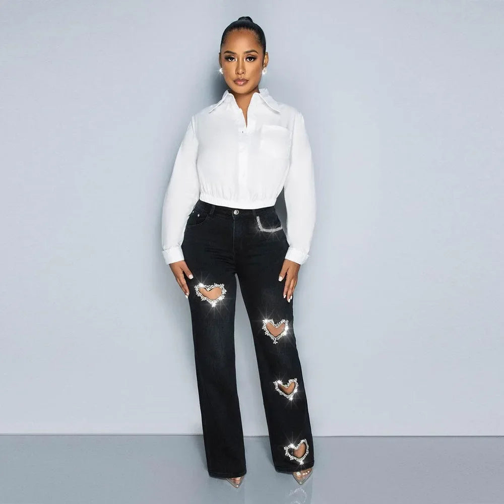 Women Stretch Jeans Ankle Length Jean Washed Denim Straight Pants High Waist Trousers Pockets Basics Hollow Solid Diamonds