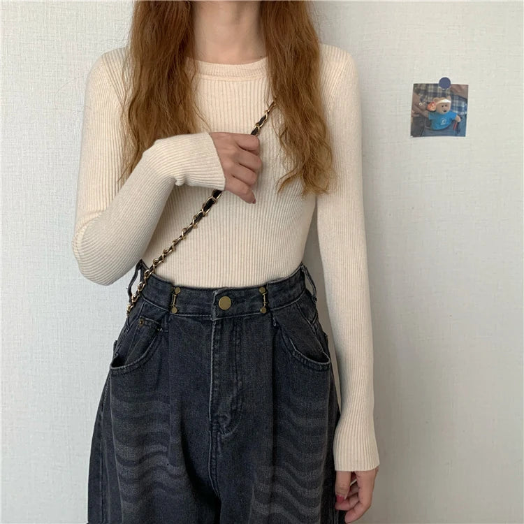 New Women Sweater  Long Sleeve Pullover Basic Top Fashion O-neck Elastic Female Winter Solid Knitted Jumper