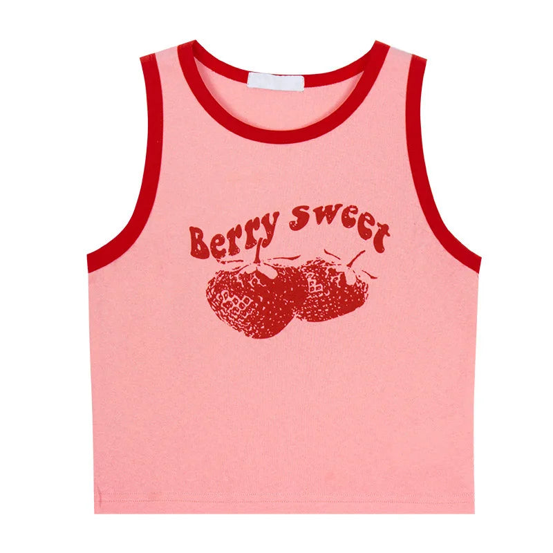 Pink Print Y2k Tank Top Summer Off Shoulder O Neck Sleeveless Fashion 90s Vintage Crop Tops Women Casual Sexy