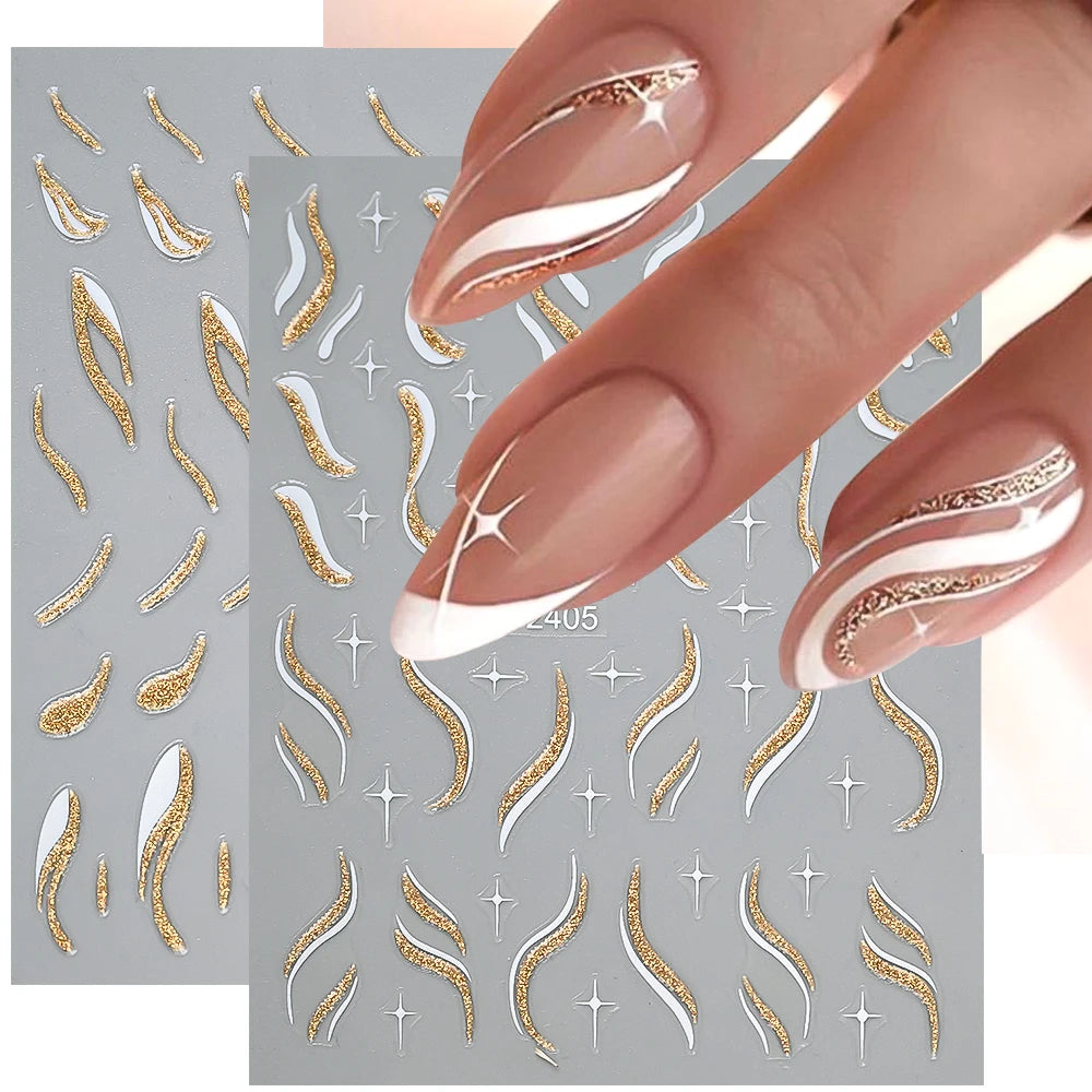 Shiny Glitter French Lines Nails Stickers Waves Curve Ribbon White Gold Stripes Manicure Decals Nails Charming Decoration NK-324