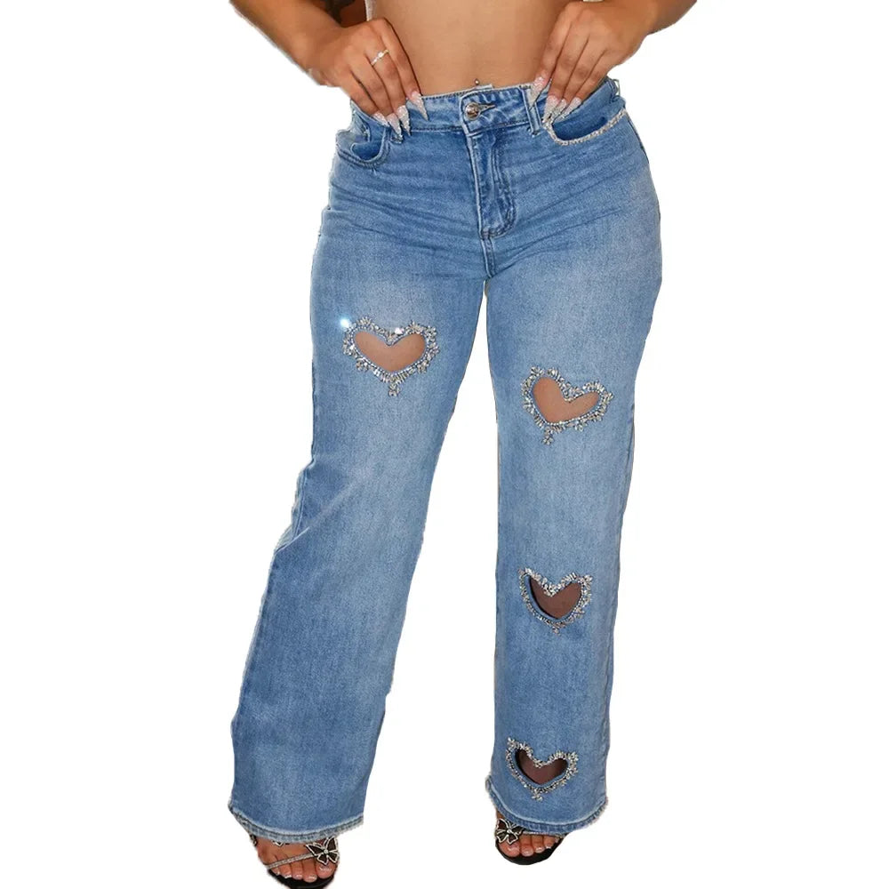 Women Stretch Jeans Ankle Length Jean Washed Denim Straight Pants High Waist Trousers Pockets Basics Hollow Solid Diamonds