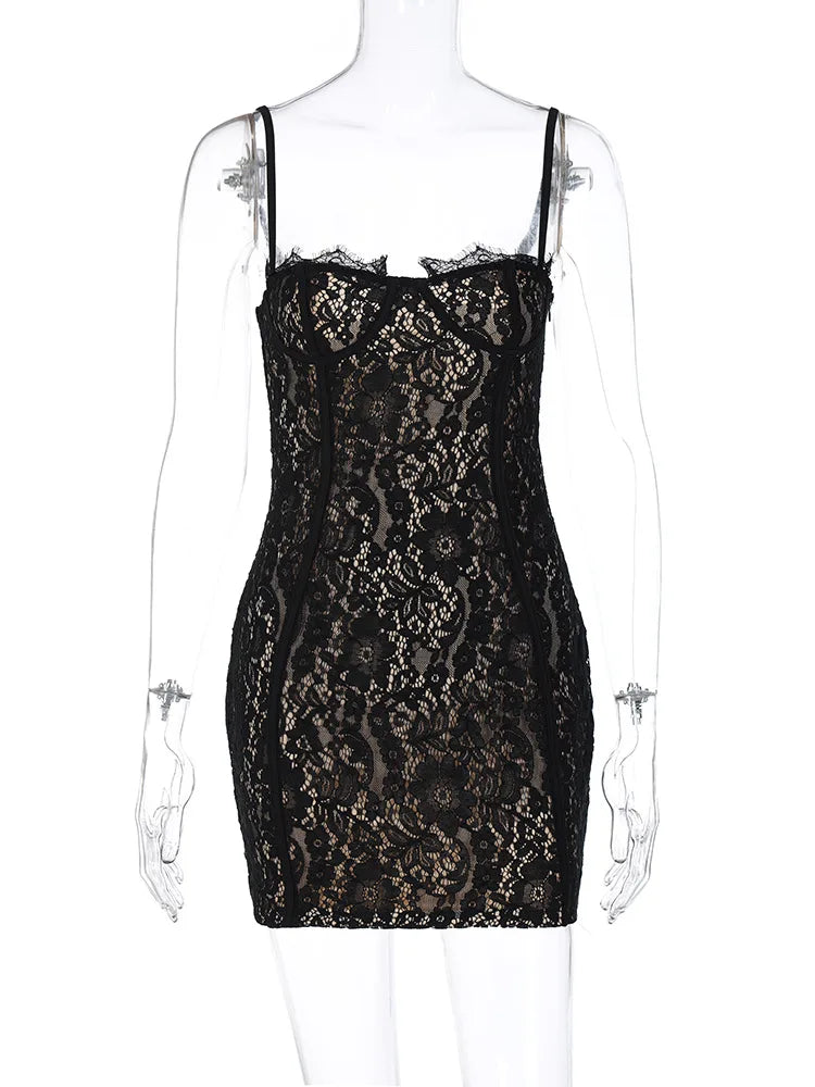 Sexy See Through Lace Spaghetti Strap Mini Dresses Women Package Hip Bodycon Party Night Club Dress Female Streetwear Vestidos