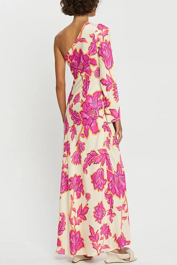 Fashion Rose Printed Satin Dress Womens Elegant High Waist  Boho Maxi Dress Sexy One Shoulder Long Sleeve Women Party Dresses
