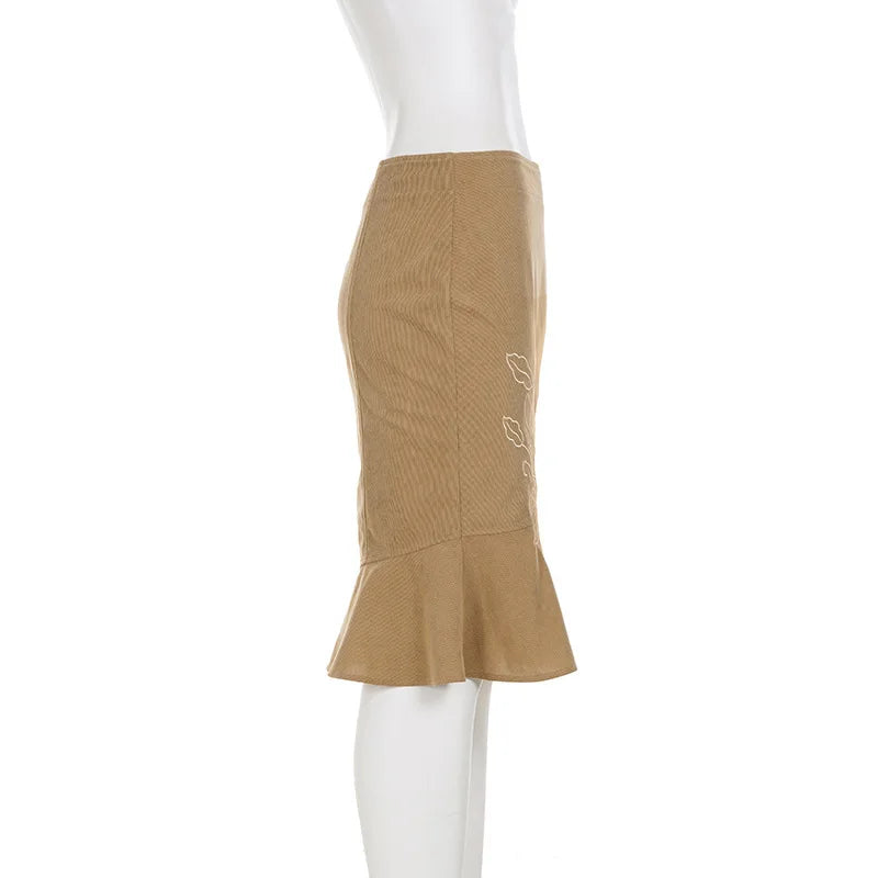 Ticketsx Fashion Vintage Embroidered Skirt Summer Solid New Ruched Split Slim Skirt Elegant Vacation Streetwear Women's Clothing