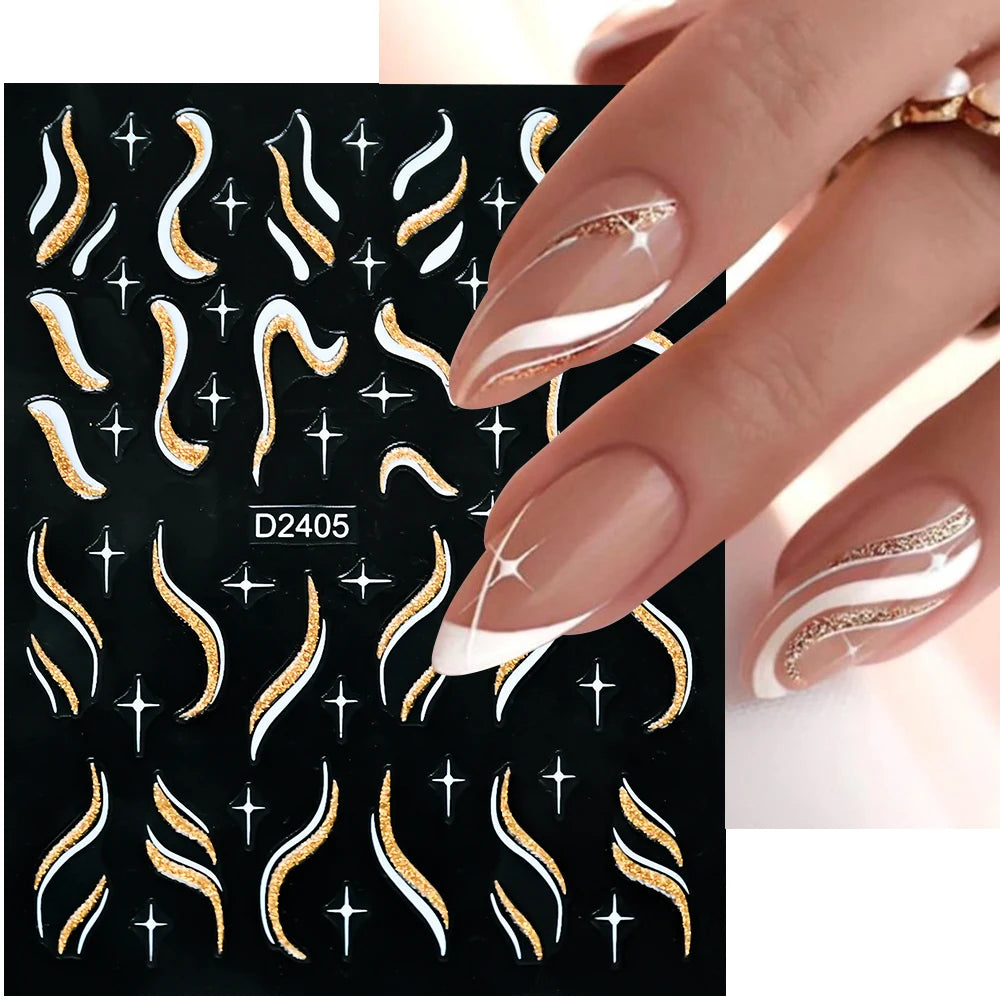 Shiny Glitter French Lines Nails Stickers Waves Curve Ribbon White Gold Stripes Manicure Decals Nails Charming Decoration NK-324