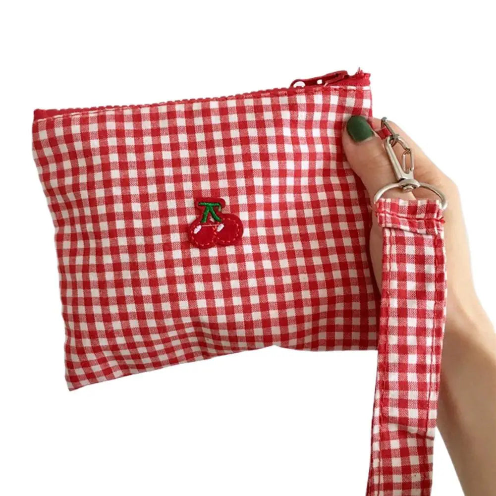 Red cherry canvas makeup bag Red plaid portable Large Capacity cosmetic lipstick storage bag Travel Toiletry Handbag Pouch
