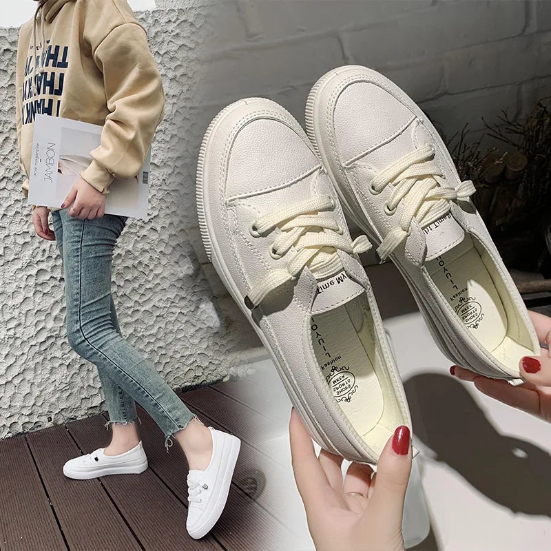 Women Sneakers Pu Leather Casual Shoes Round Toe Shallow Flat Shoes Fashion Outdoor Loafers White Slip On Women Vulcanize Shoes