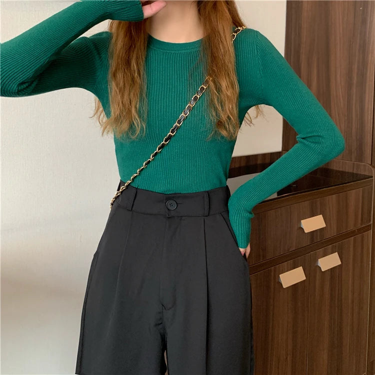 New Women Sweater  Long Sleeve Pullover Basic Top Fashion O-neck Elastic Female Winter Solid Knitted Jumper