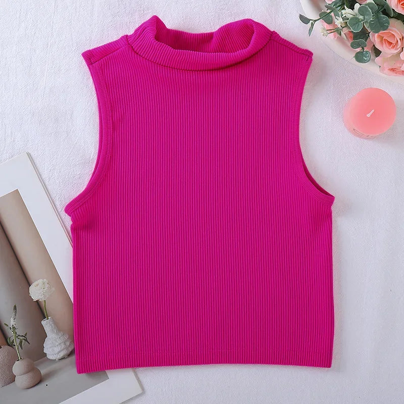New Seamless Ribbed High Neck Sports Vest Full Wrap Vertical Stripes Running Fitness Yoga Women's Quick Dry Top Female