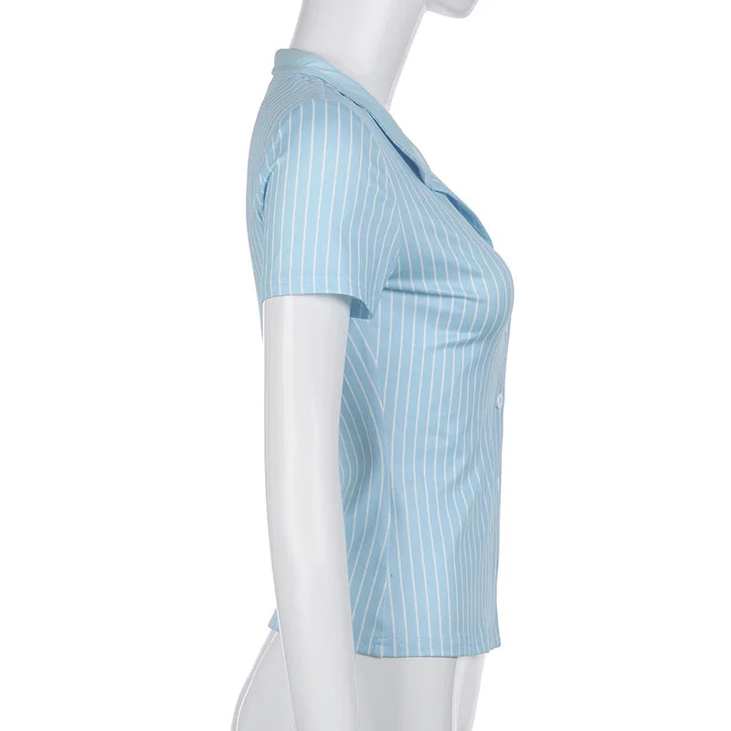 Blue White Stripe Polo Neck Button Splice Short Sleeve T Shirt Slim Fit Curves Sensation Outerwear