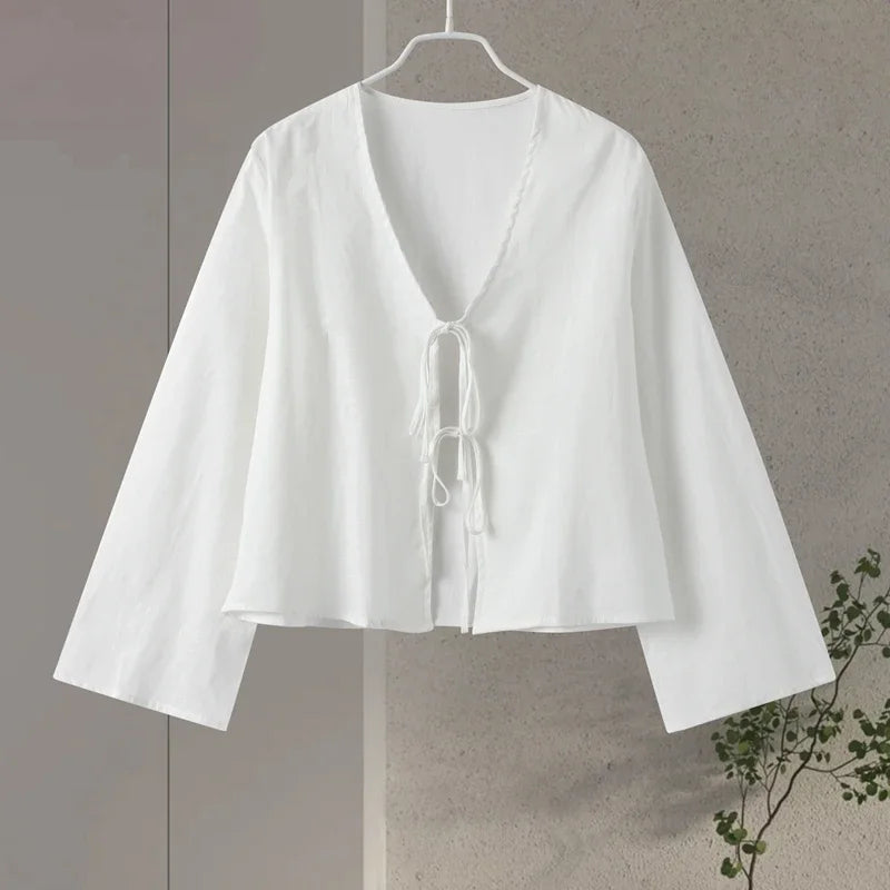 Cotton Linen Lace Up Bow Shirts Women Loose Hollow Out V Neck Long Sleeve Tops Female 2026 Spring New Lady Streetwear Top
