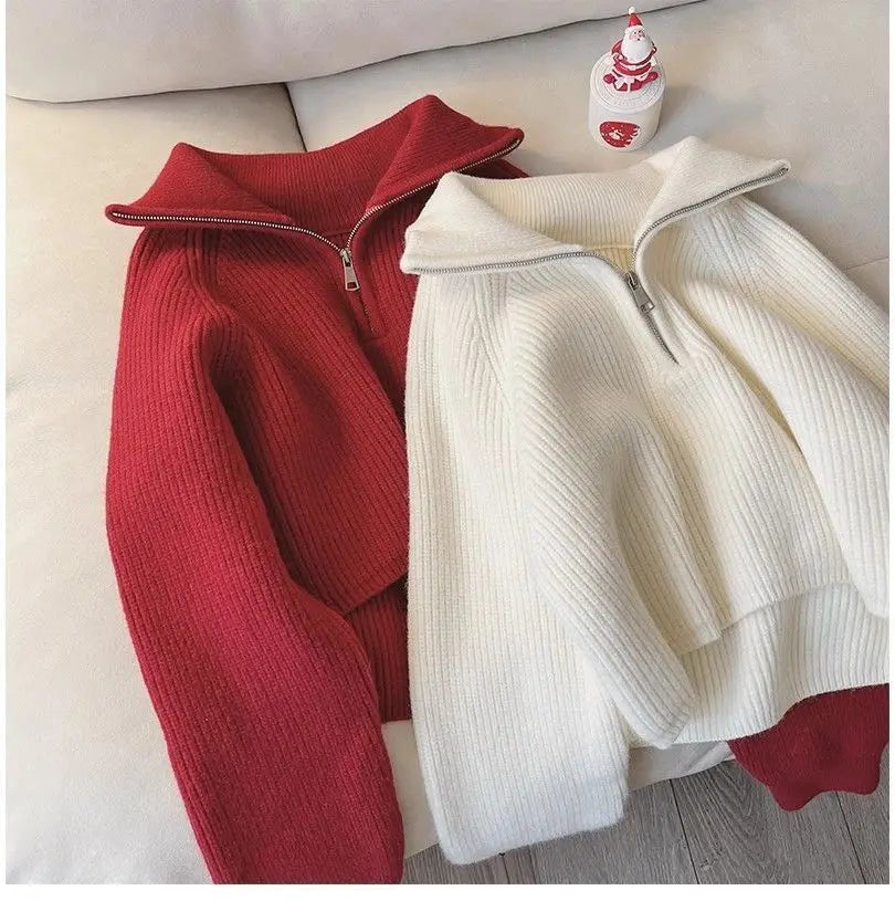 2024 Autumn Style Versatile Basics Half-zipper Loose Lapel Winter Long-sleeved Lazy Sweater Pullover Top