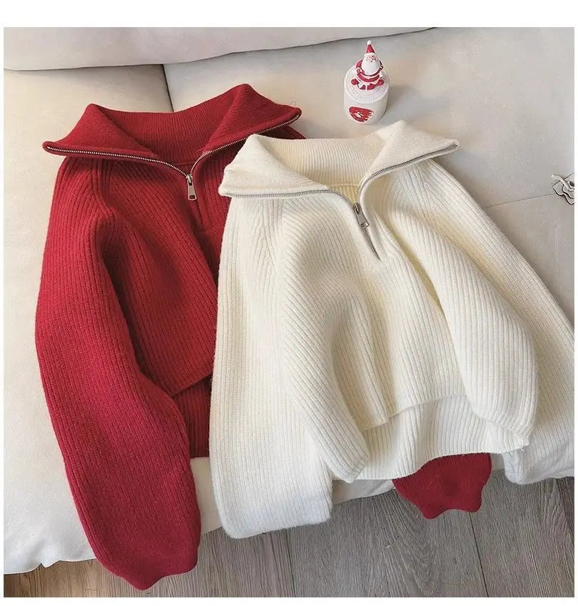 2024 Autumn Style Versatile Basics Half-zipper Loose Lapel Winter Long-sleeved Lazy Sweater Pullover Top