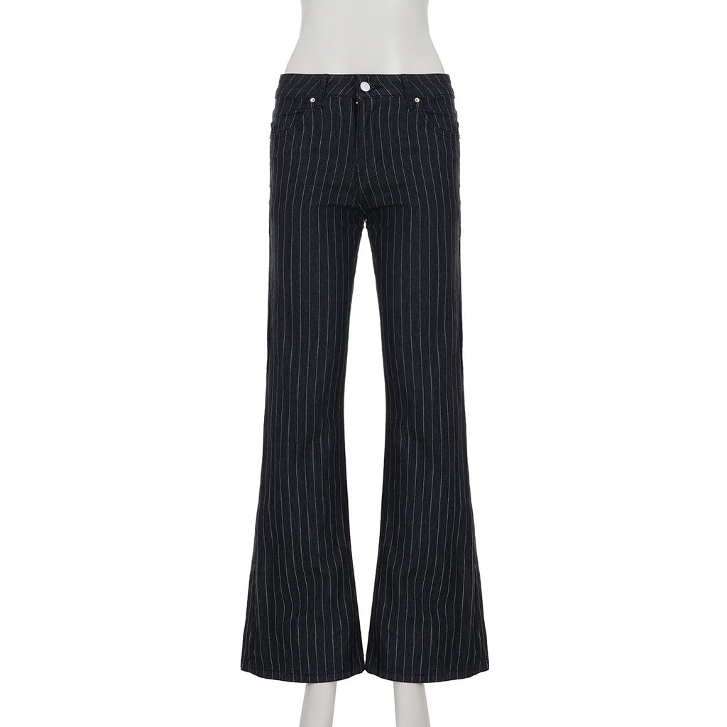 2000s Clothes Y2k Low Rise Boot Cut Jeans Woman Casual Black Striped Denim Trousers Streetwear Flare Pants P77-DD25