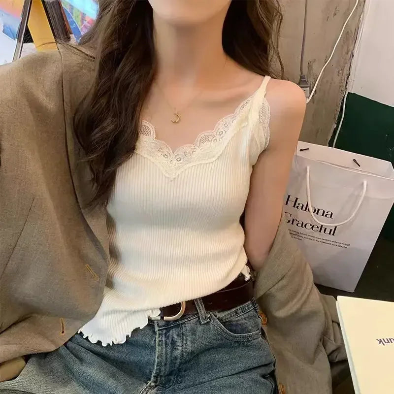 2026 Sleeveless Black Vest Lace Tank Top Women Cropped Cute Camis Sexy White Tank Tops Female Summer Y2k Clothes