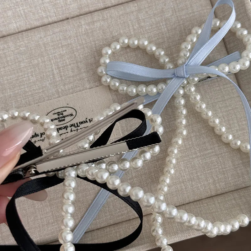 Fairy Spare Ribbon Bowknot Pearl Barrettes Female Back Head New Arrival Girlish Style Side Clip Duckbill Clip