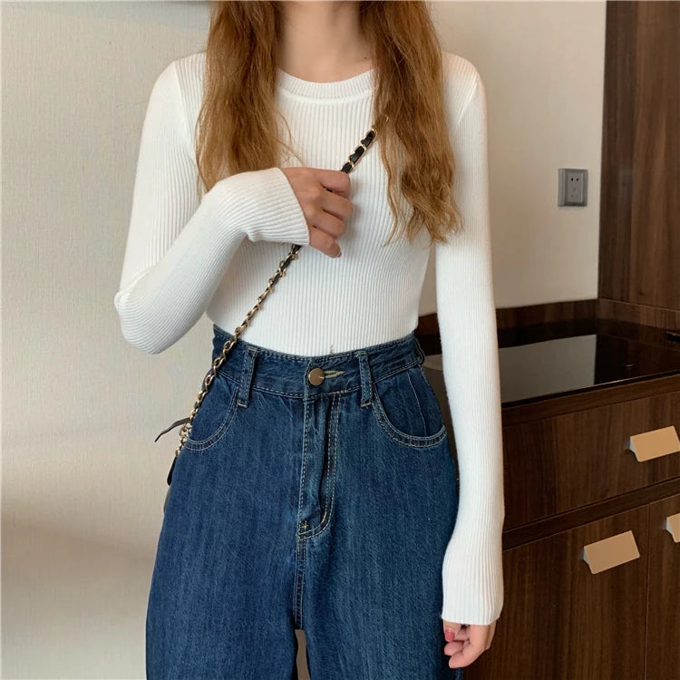 New Women Sweater  Long Sleeve Pullover Basic Top Fashion O-neck Elastic Female Winter Solid Knitted Jumper